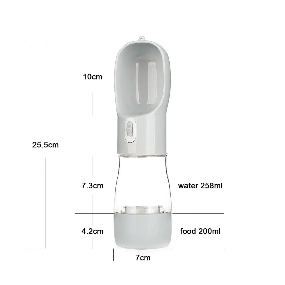 A light gray portable pet water bottle with a scoop, measuring 25.5 cm tall, holds 258 ml of water and 200 ml of food.