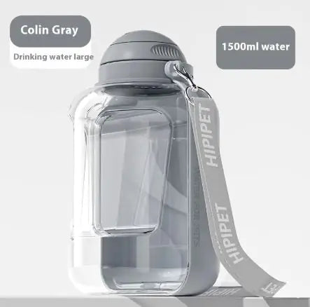Gray 1500ml water bottle with a handle, labeled "Colin Gray" and "HIPIPET," against a minimalist background.