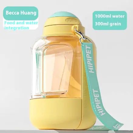 A colorful pet bottle featuring a yellow base, turquoise lid, and a strap, designed to hold 1000ml water and 300ml grain.