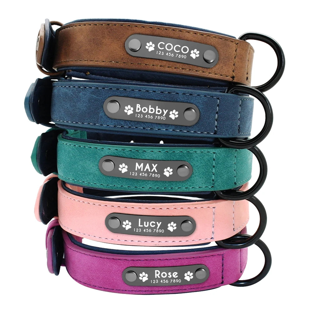 A stack of colorful pet collars featuring engraved name tags: Coco, Bobby, Max, Lucy, and Rose, with paw print designs.