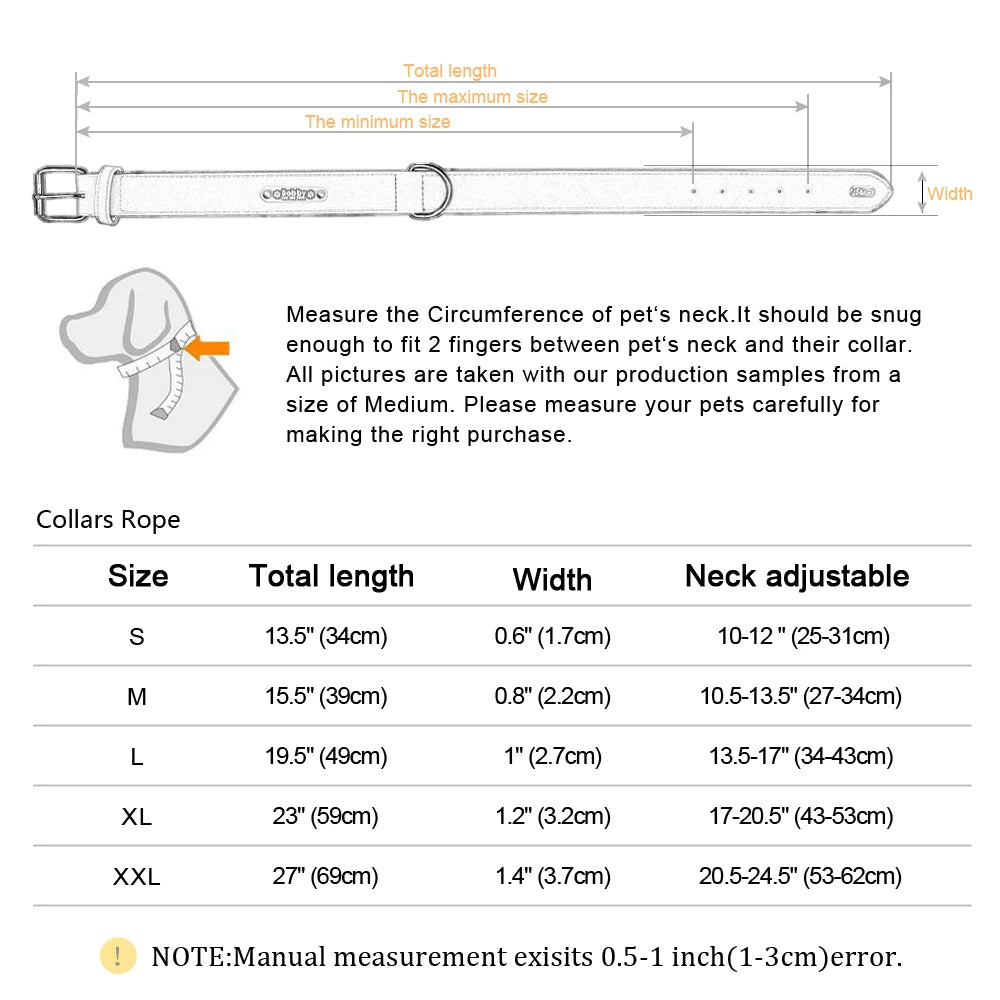 Size chart for pet collars detailing dimensions, adjustable neck sizes, and measurement instructions for accurate fit.