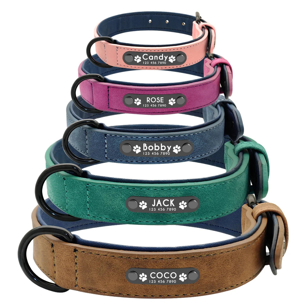 Five personalized pet collars in various colors, each labeled with names and contact numbers, stacked neatly.