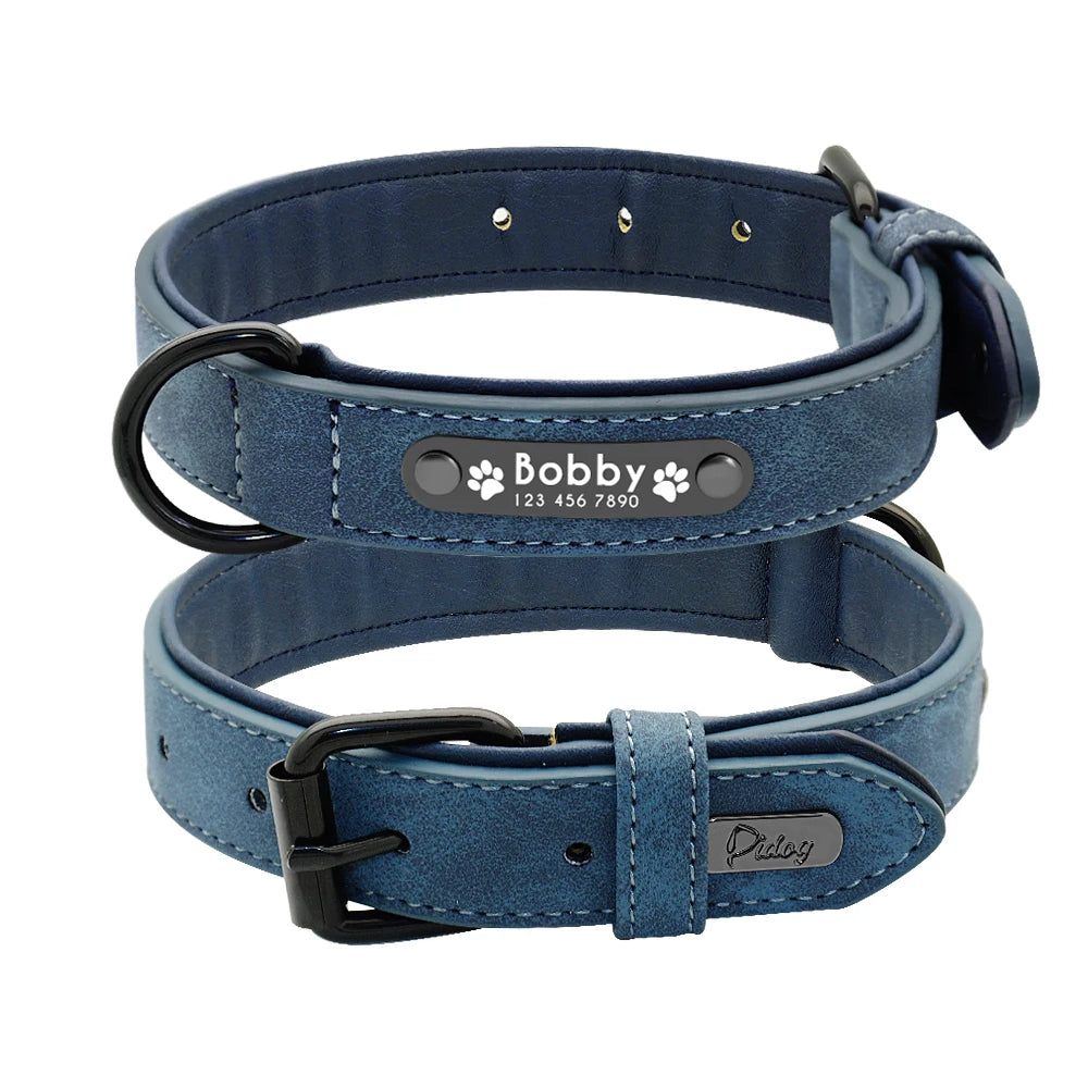Blue pet collar with a tag featuring stylish stitching and a durable buckle.