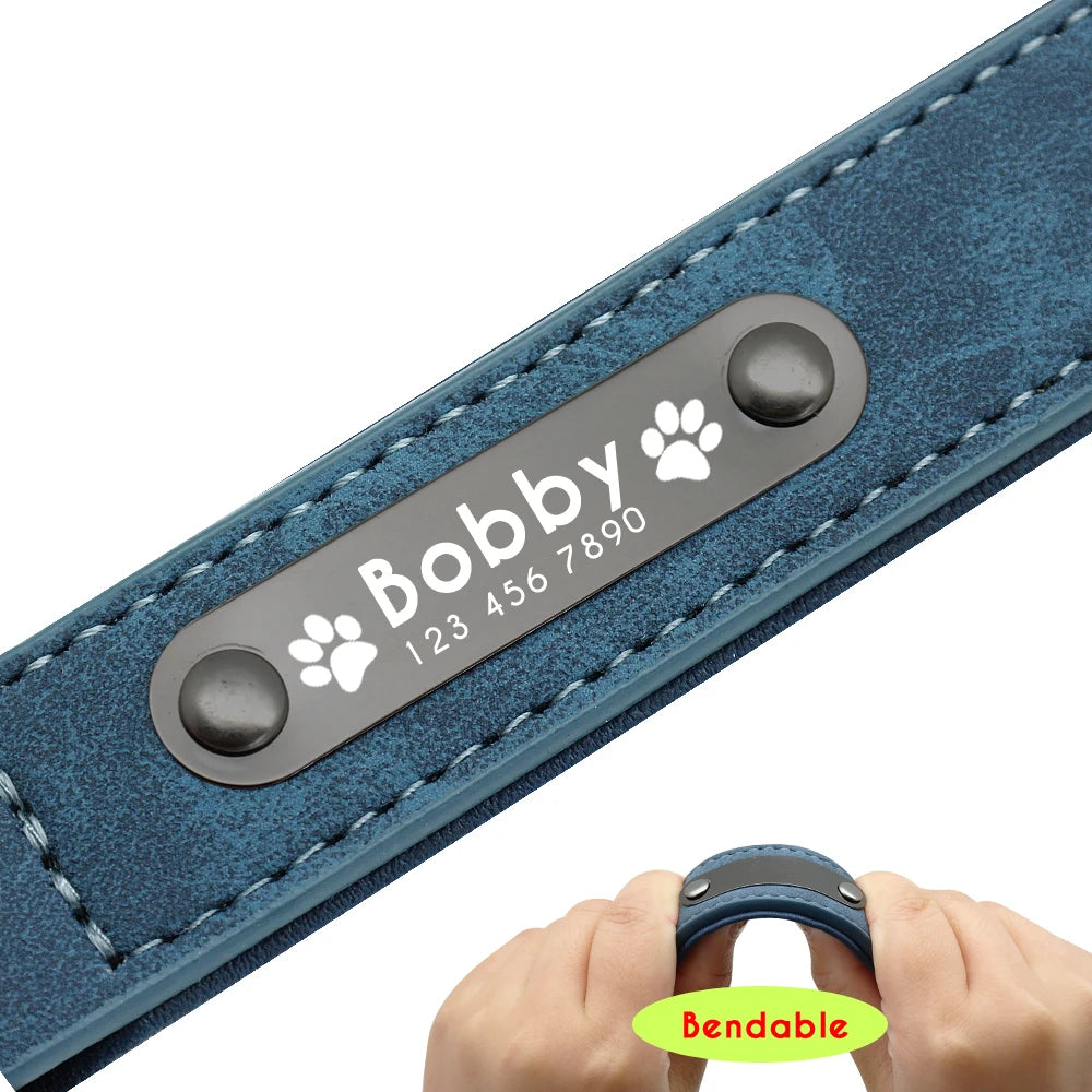 Blue pet ID collar with tag featuring a soft, bendable design.
