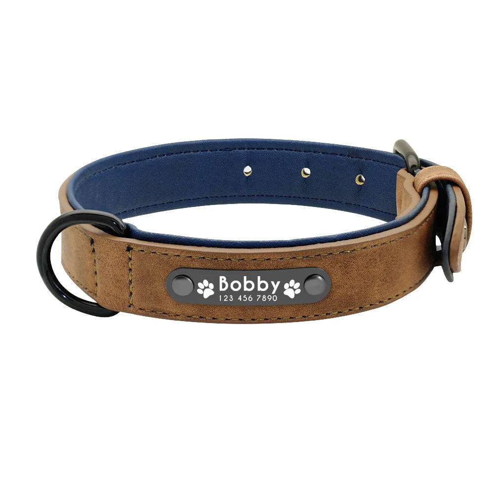 A dog collar made of brown suede with a blue inner lining with tag.