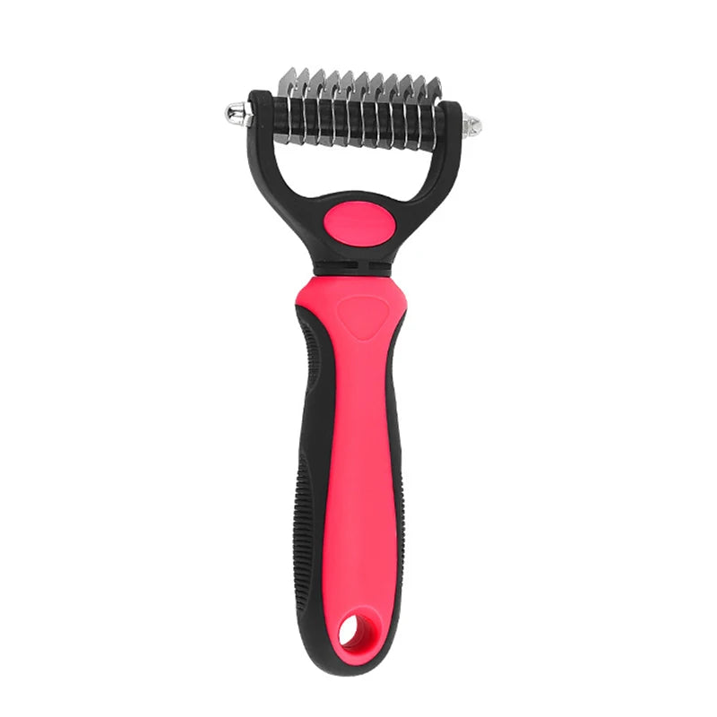 A small red and black grooming tool with a metal blade.
