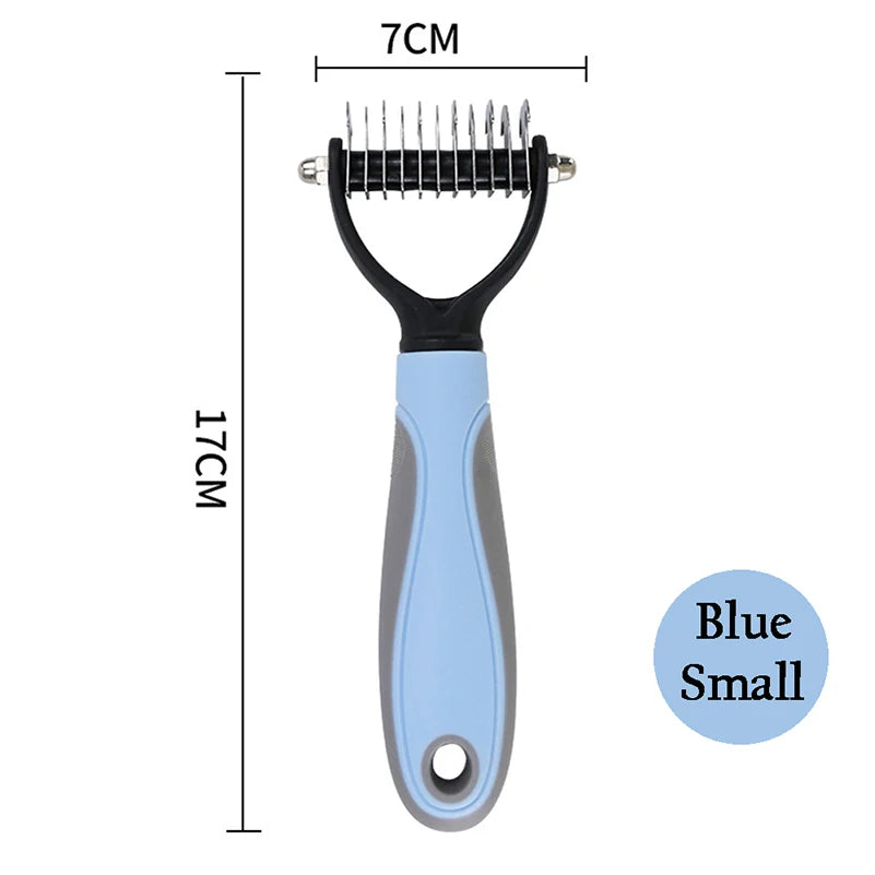 A blue and black small pet grooming tool with dimensions labeled, 7 cm wide and 17 cm high, with metal blade.