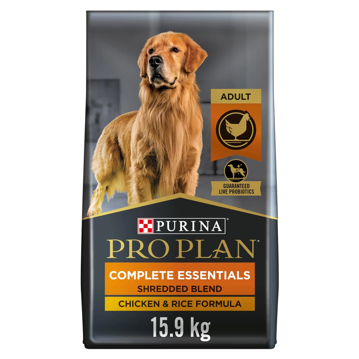 A bag of Purina Pro Plan Complete Essentials dog food, featuring a golden retriever, labeled as Chicken & Rice formula, 15.9 kg.