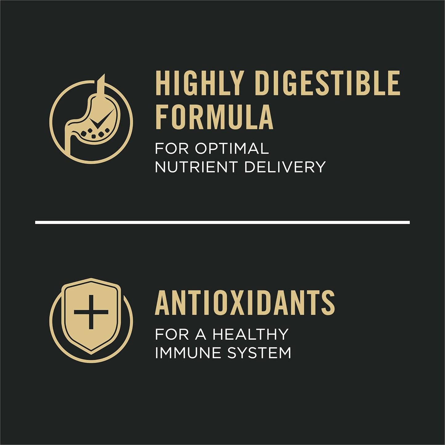 Text on a black background highlighting two benefits: "Highly Digestible Formula for Optimal Nutrient Delivery" and "Antioxidants for a Healthy Immune System."