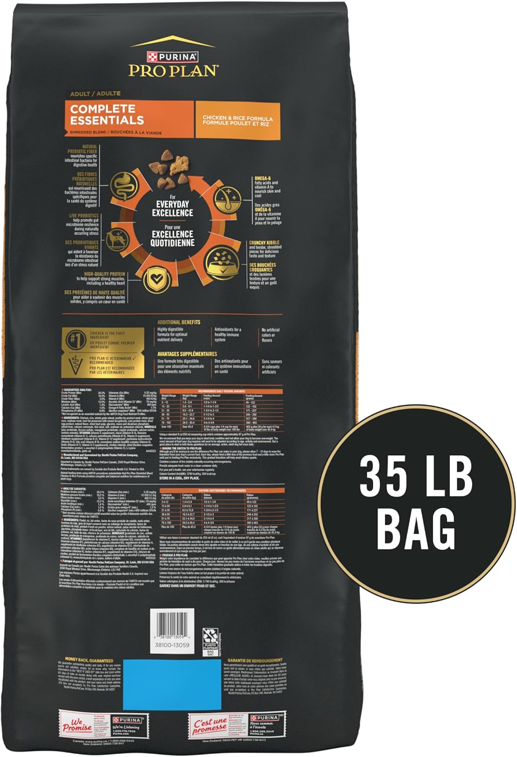 A 35 lb bag of Purina Pro Plan Complete Essentials Chicken & Rice dog food, featuring nutritional benefits and feeding guidelines.
