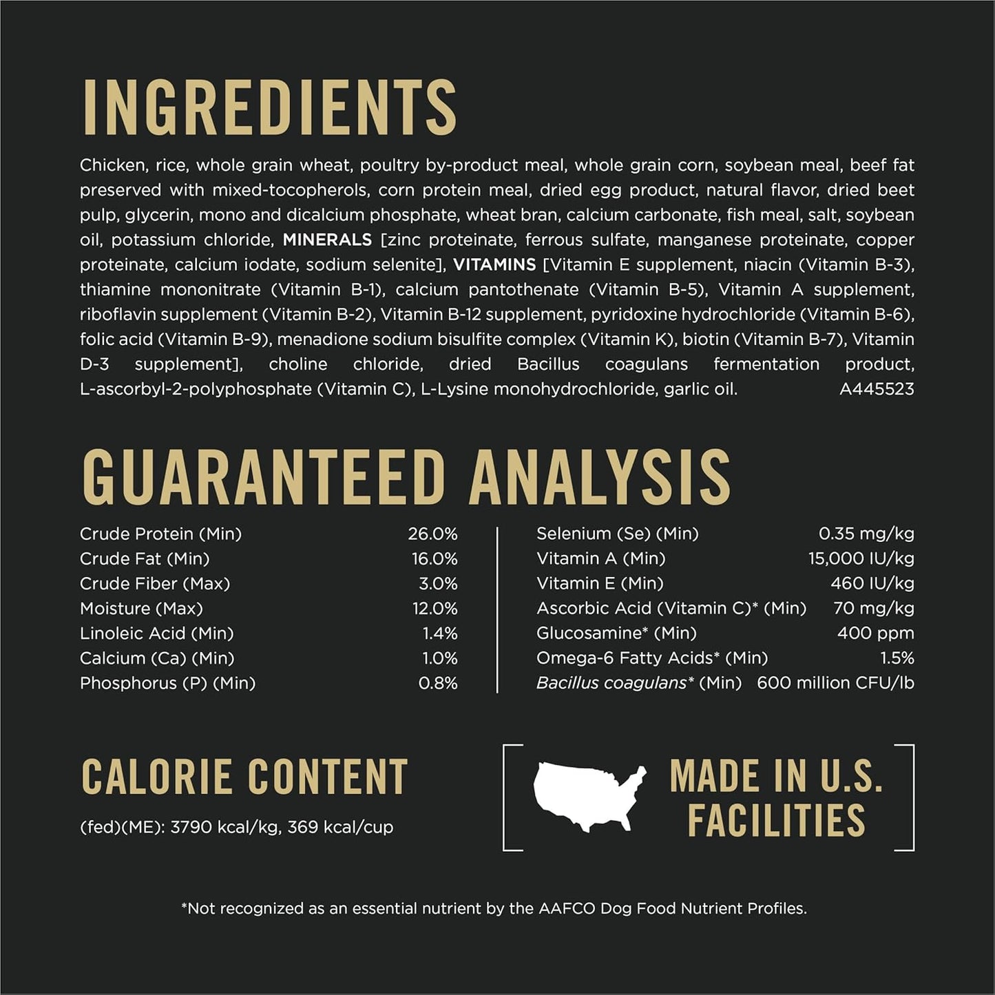 Ingredients and nutritional analysis of a dog food product, highlighting protein, fat content, vitamins, and guaranteed analysis details.