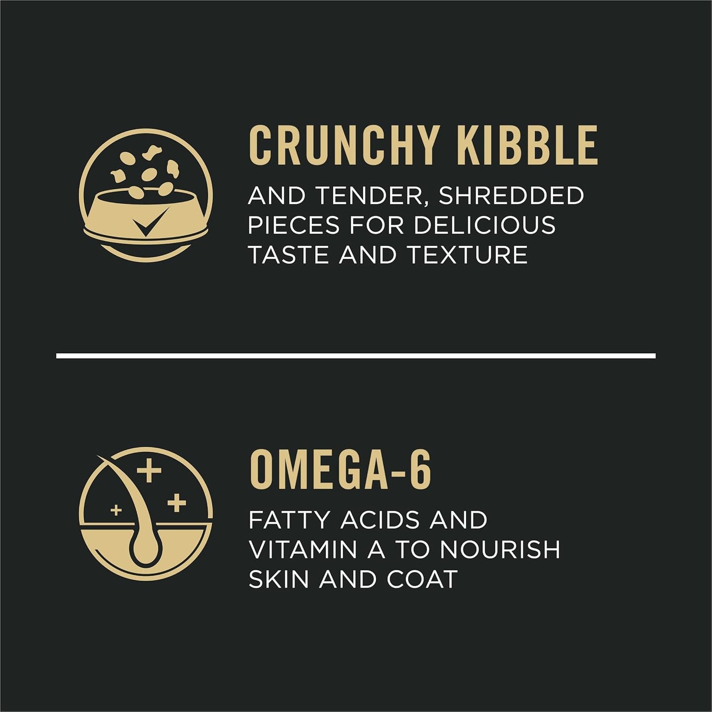 Text highlights benefits of pet food: "Crunchy kibble" for taste and "Omega-6" for healthy skin and coat.