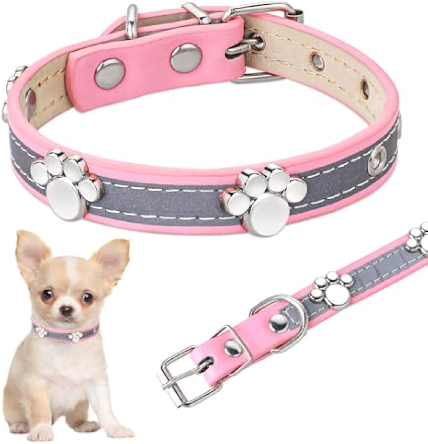 Reflective Leather Collar for Small Medium Large Dogs Cats, Adjustable Girl Puppy Dog Collars With Cute Paw Rivet - Shopinapets Reflective Leather Collar for Small Medium Large Dogs Cats, Adjustable Girl Puppy Dog Collars With Cute Paw Rivet Shopinapets #