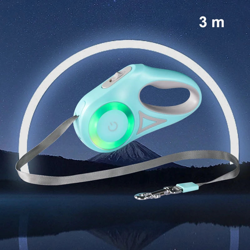 A teal retractable dog leash with a glowing green button and a 3-meter cord, set against a starry night backdrop.