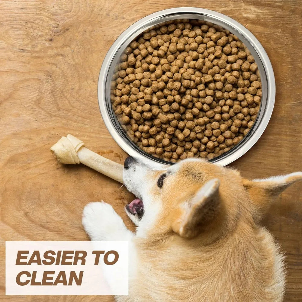 Dog looking at a bowl of kibble with a bone on a wooden floor, text 'Easier to Clean' displayed.
