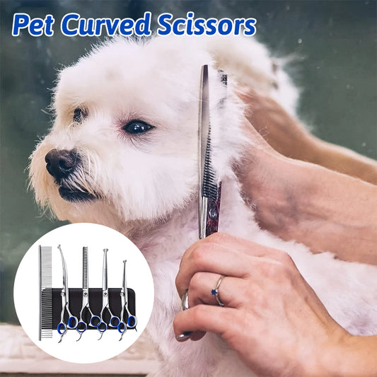 Dog being groomed with curved scissors, with a close-up inset of scissors on a stand.