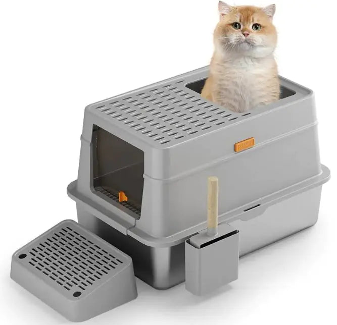 A modern, gray litter box with a top entry design, featuring a scoop holder and removable cleaning tray for easy maintenance.
