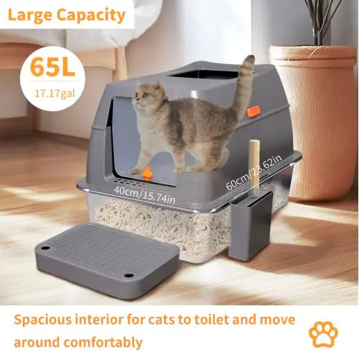 A spacious, 65L cat litter box with a cat inside, featuring a stepping area for easy access and measurements displayed.