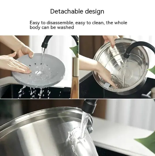 Hands demonstrating the detachable design of a kitchen appliance, showcasing easy cleaning and washing capabilities with running water.