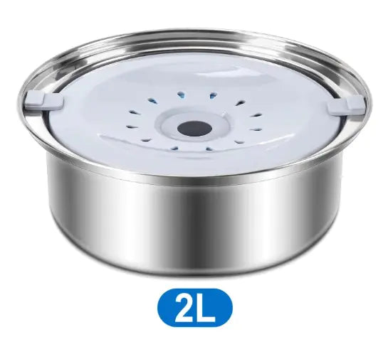 A stainless steel pet water fountain with a 2L capacity, featuring a white top and a perforated design for water flow.