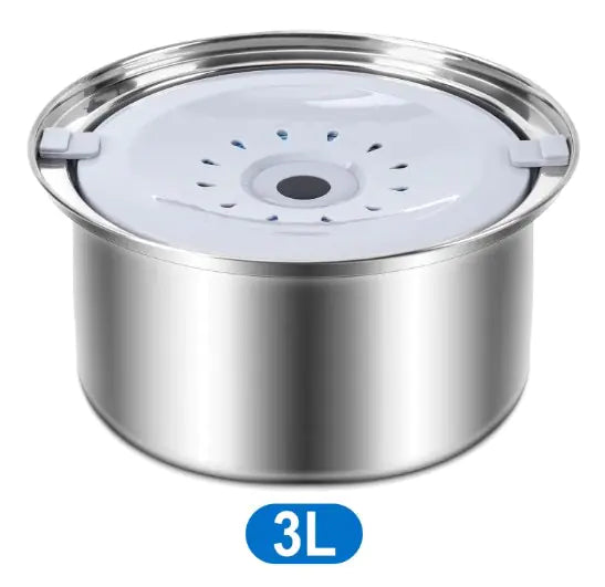 A stainless steel pet water fountain with a 3L capacity, featuring a white top and a perforated design for water flow.