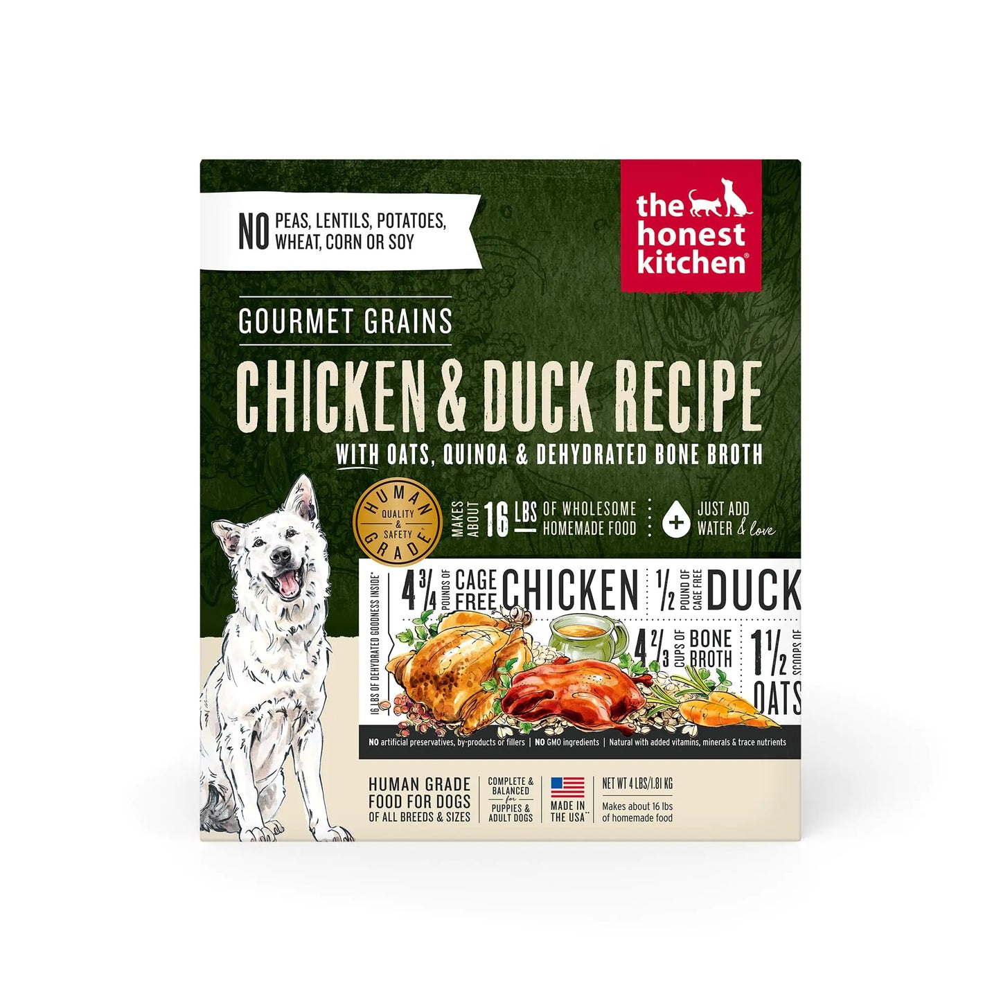 A packaging of The Honest Kitchen's Chicken & Duck dog food featuring a dog illustration, describing ingredients like oats and quinoa.