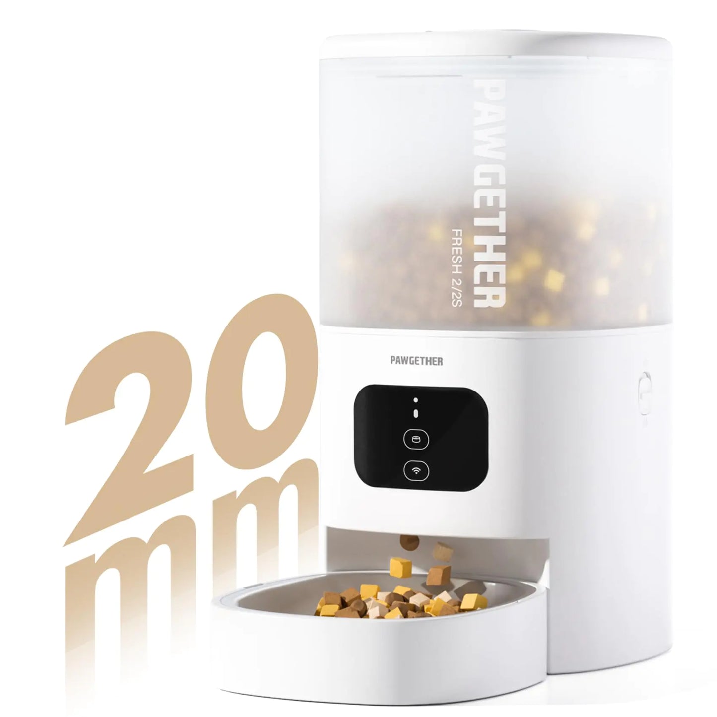 A modern pet feeder in white dispensing kibble into a bowl, with a digital control panel and a label showing "20 mm" and "PAWGETHER FRESH 2/2S."