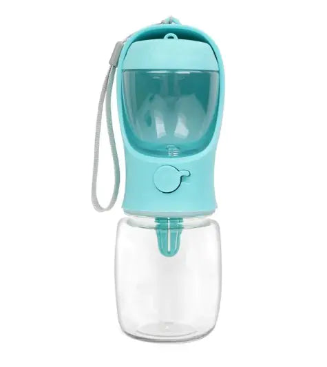 A teal water bottle with a transparent top section and a clear bottom, featuring a wrist strap and an easy-open valve.