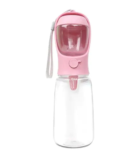 Pink pet water bottle with a built-in bowl and a carrying strap, designed for convenient hydration on the go.