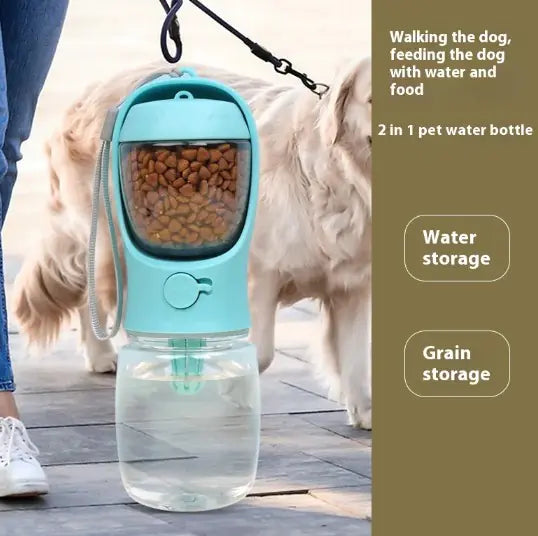 A person walks a dog, holding a 2-in-1 pet water bottle containing water and kibble, designed for walking and feeding pets.