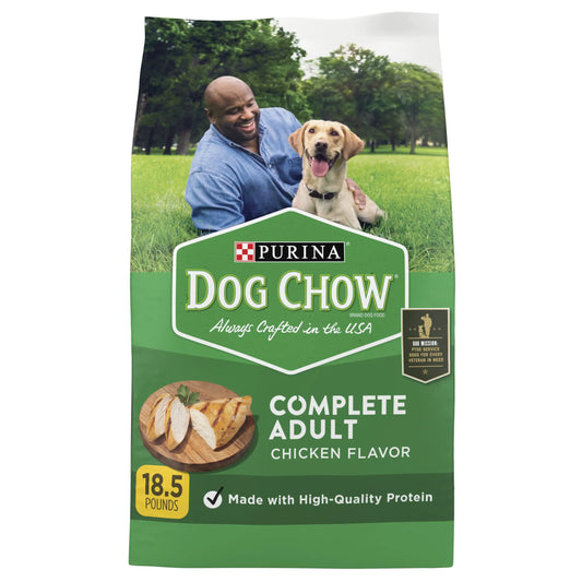Dog Chow dog food bag with a man and dog in a park setting