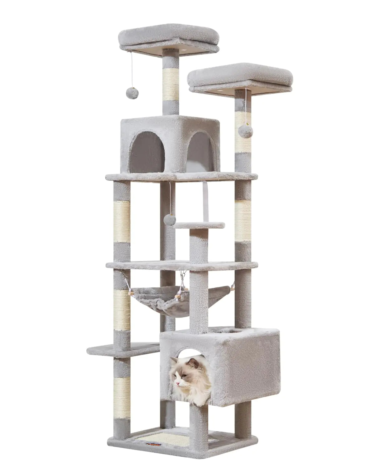 Cat tree with multiple levels and a cat peeking out on a white background