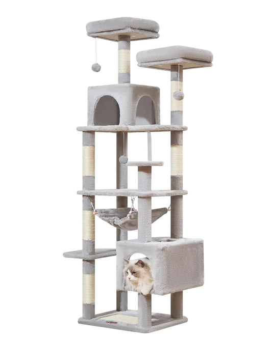 Cat tree with multiple levels and a cat peeking out on a white background