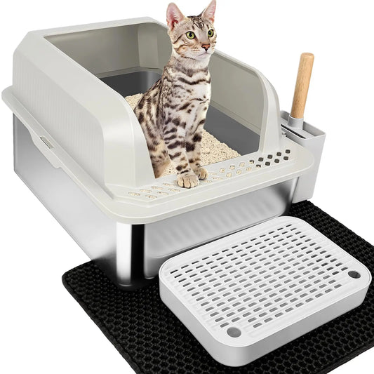 SZEE High-Sided Stainless Steel Litter Box with Accessories - Shopinapets