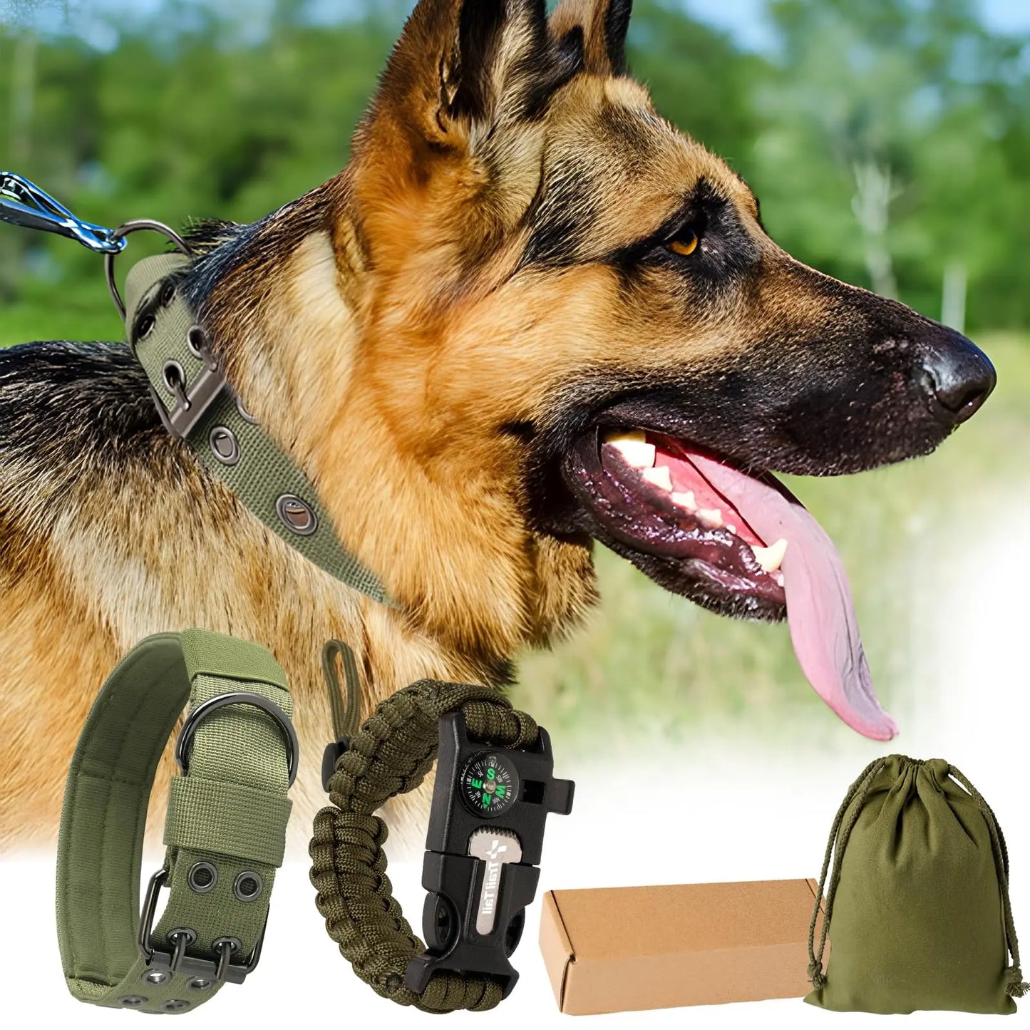 Tactical Heavy Duty Dog Collar with Survival Bracelet - Shopinapets