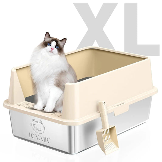 Extra Large Stainless Steel Cat Litter Box with High Sides and Leak-Proof Lid - Shopinapets