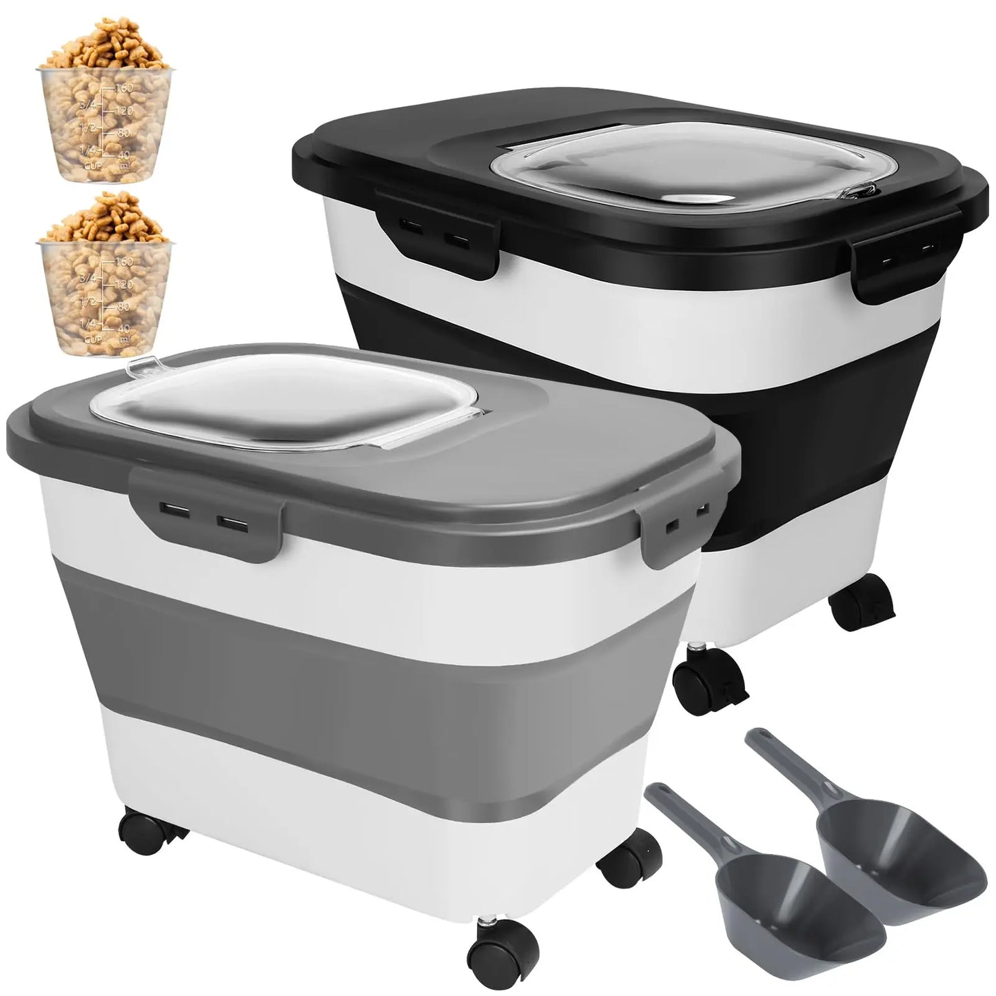 2-Pack Collapsible Pet Food Storage 15-20 Lbs with Accessories - Grey & Black - Shopinapets