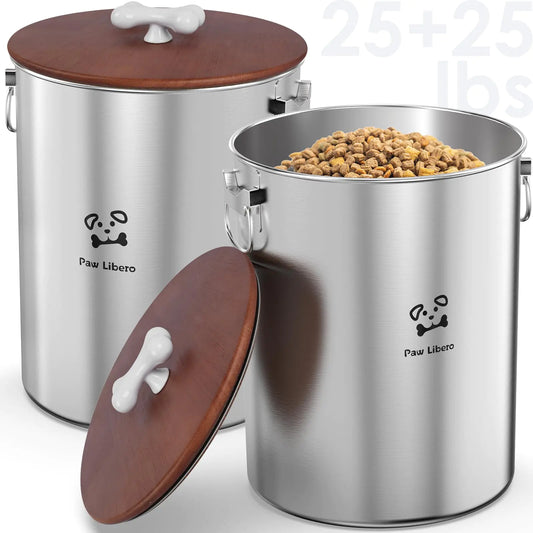50lb Dual Stainless Steel Pet Food Keepers with Wooden Lids