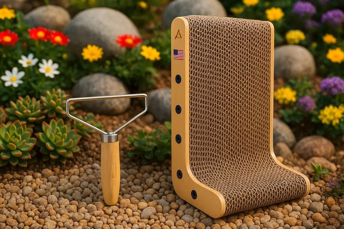 Cardboard cat scratcher and garden tool on pebbles with flowers in the background