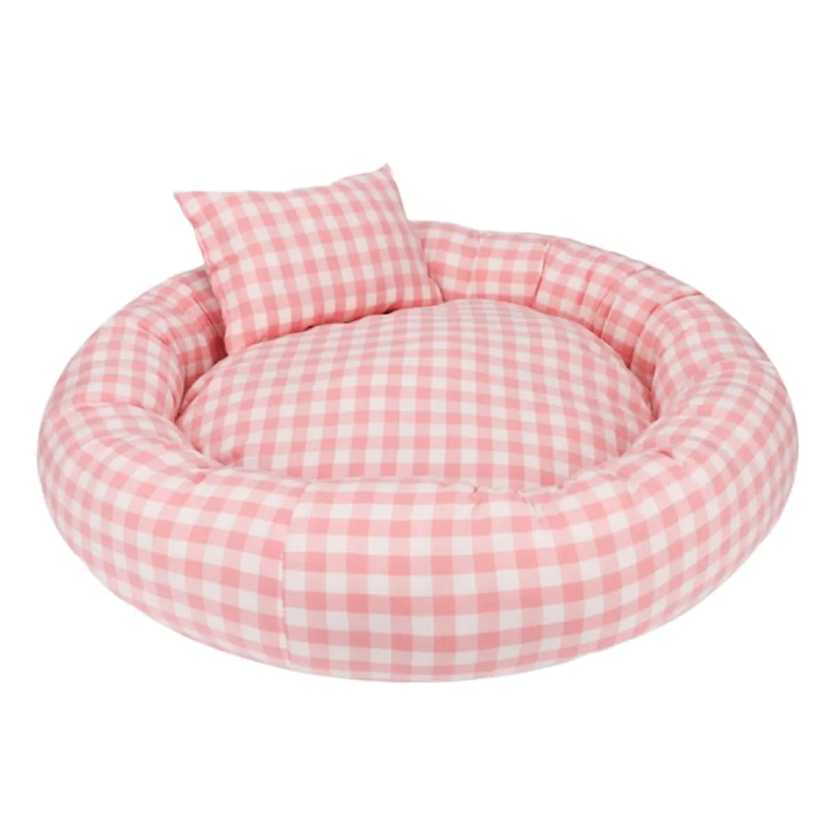 Pink checkered pet bed with a pillow on a white background