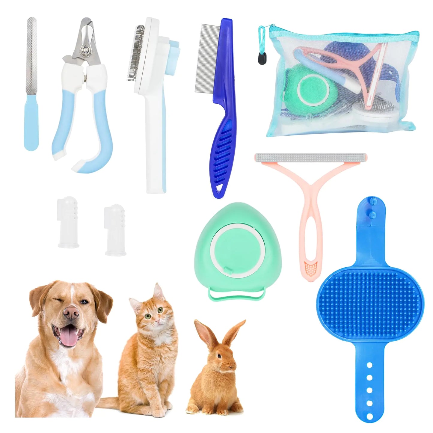 Pet grooming tools including nail clippers, brushes, and combs with a dog, cat, and rabbit on a white background.