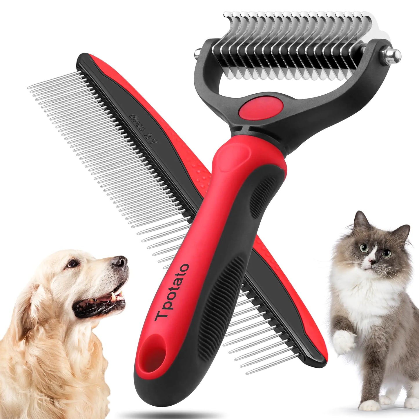 Pet grooming brush with red and black handles, featuring a dog and cat on a white background.