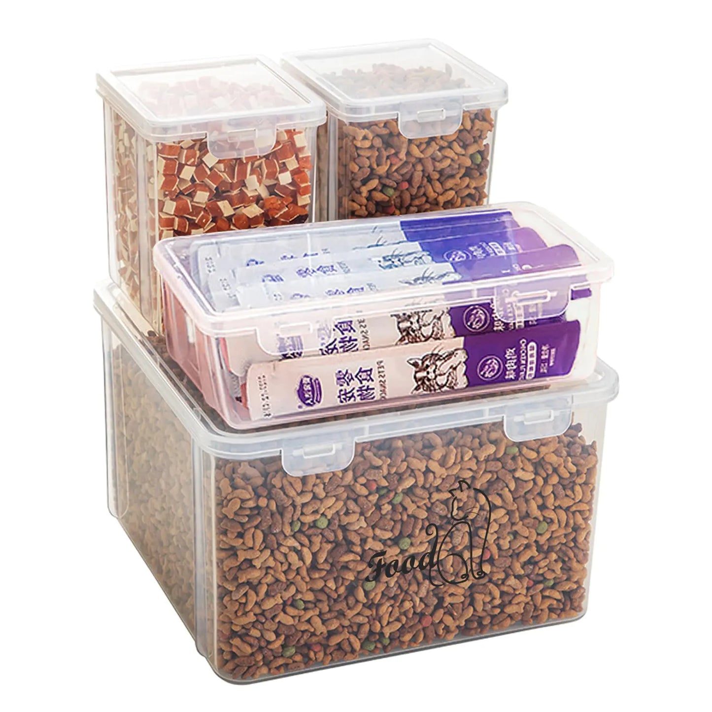 Stack of transparent food storage containers with pet food and treats inside on a white background
