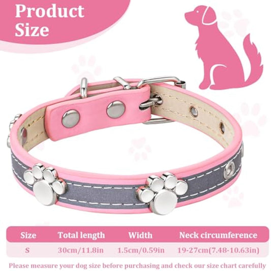 Reflective Leather Collar for Small Medium Large Dogs Cats, Adjustable Girl Puppy Dog Collars With Cute Paw Rivet - Shopinapets  Reflective Leather Collar for Small Medium Large Dogs Cats, Adjustable Girl Puppy Dog Collars With Cute Paw Rivet Shopinapets #