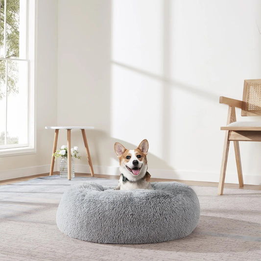 Plush Round Fur Pet Bed - Cozy & Calming 20" Silver - Shopinapets