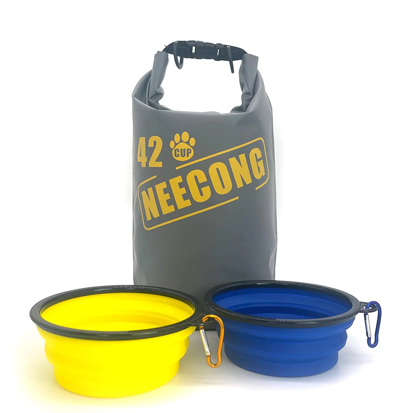 Gray water container with yellow text and two collapsible dog bowls, one yellow and one blue, on a white background.