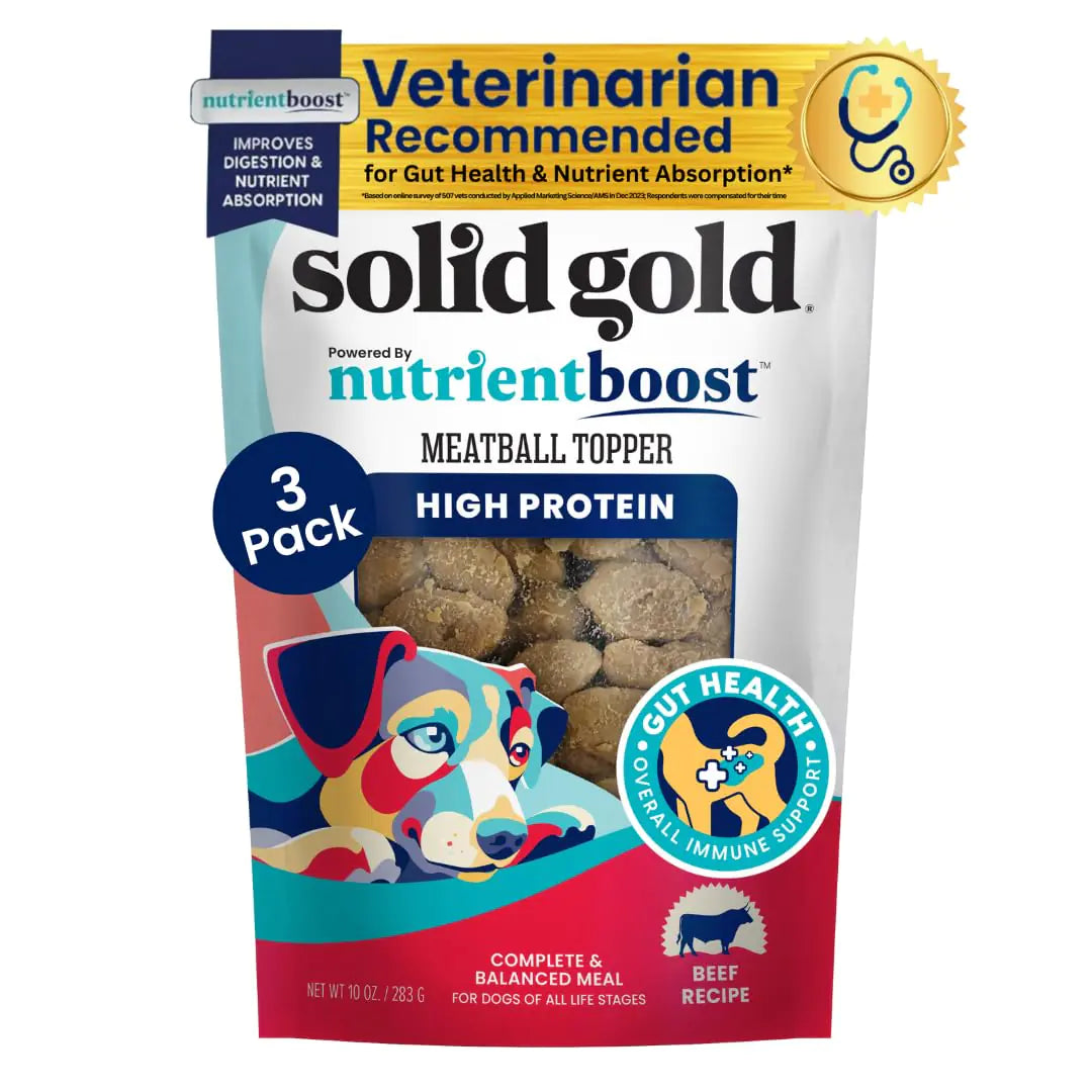 Solid Gold high protein meatball topper for dogs packaging on a white background