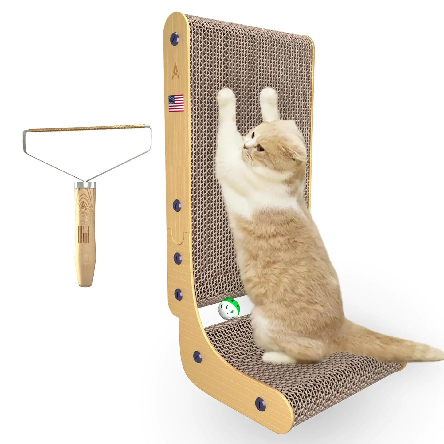 Cat using a wall-mounted scratching post with a catnip roller attached on a white background