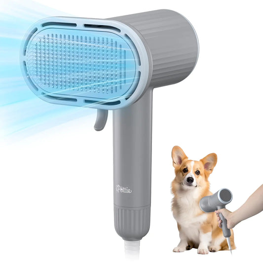 Pet hair dryer with blue light feature and a dog being dried by it on a white background