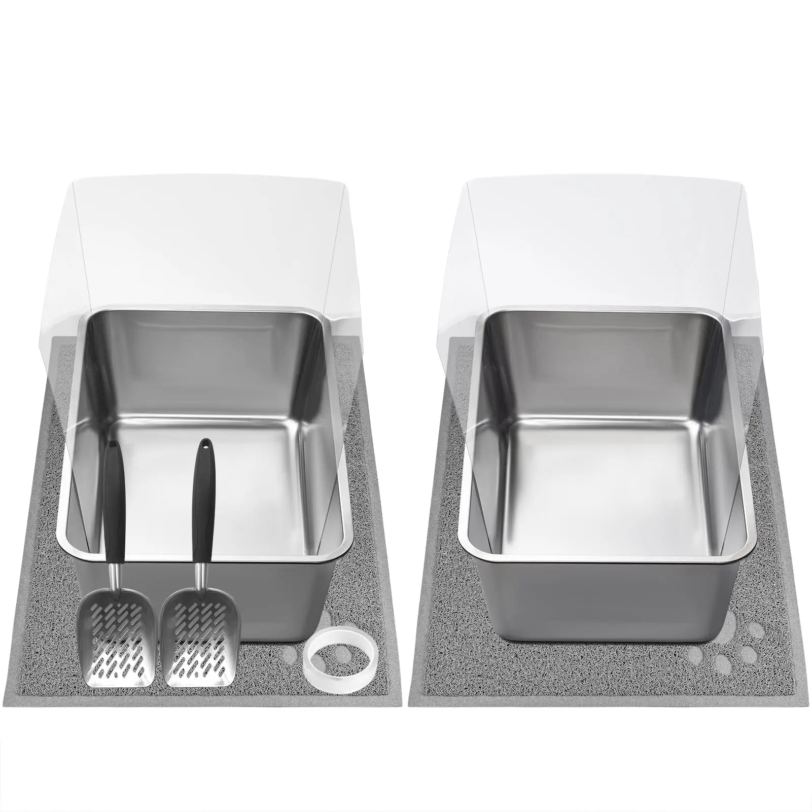Stainless Dual-Cat Litter Set with Shield & Mat - Shopinapets